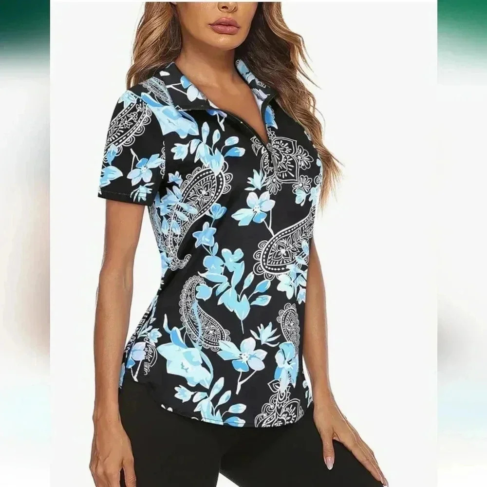 Women golf tennis Activewear polo black blue flowers design